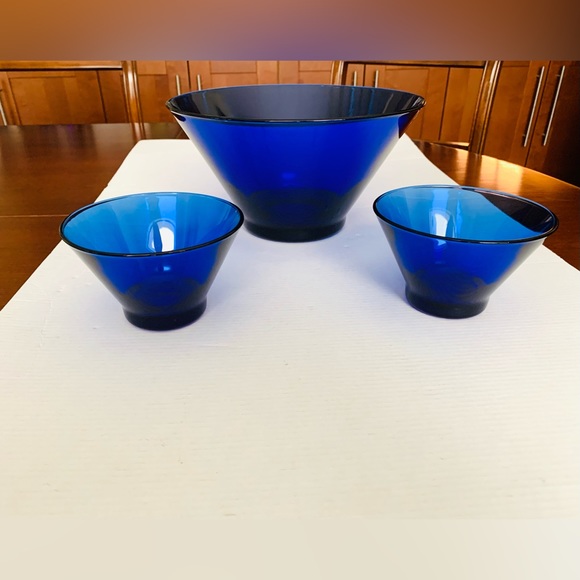 Cobalt blue glass bowls 3 Pc Set 10” in Large Deep Serving Bowl 5”in salad Bowls - Picture 3 of 11